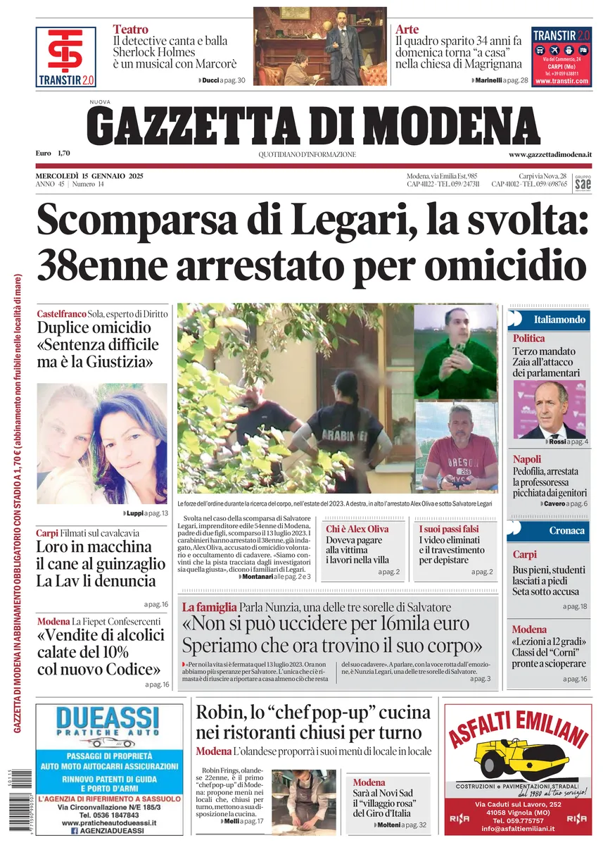 Prima-pagina-gazzetta di modena-oggi-edizione-del-2025-01-15